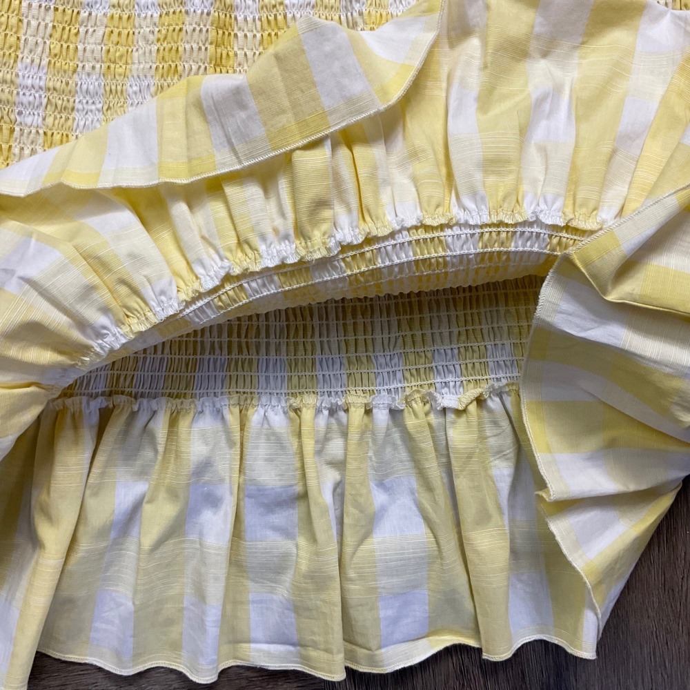 AQUA Gingham Smocked‎ Tiered Tie Shoulder Bows Dress Womens Medium Yellow White - Picture 5 of 8